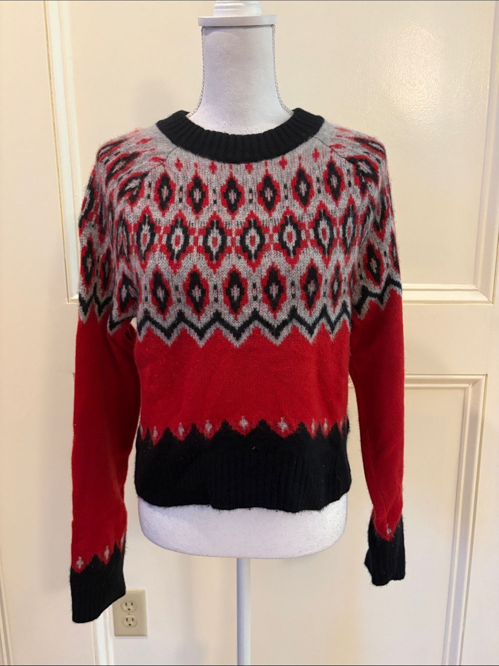 J. Crew Red, Black & Gray Cashmere Fair Isle Crewneck Sweater